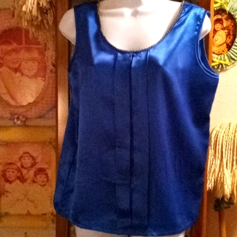 Vintage 90s,Shiny,Blue Satin,Cami with Gold Brocade Stitching on Neckline💙
